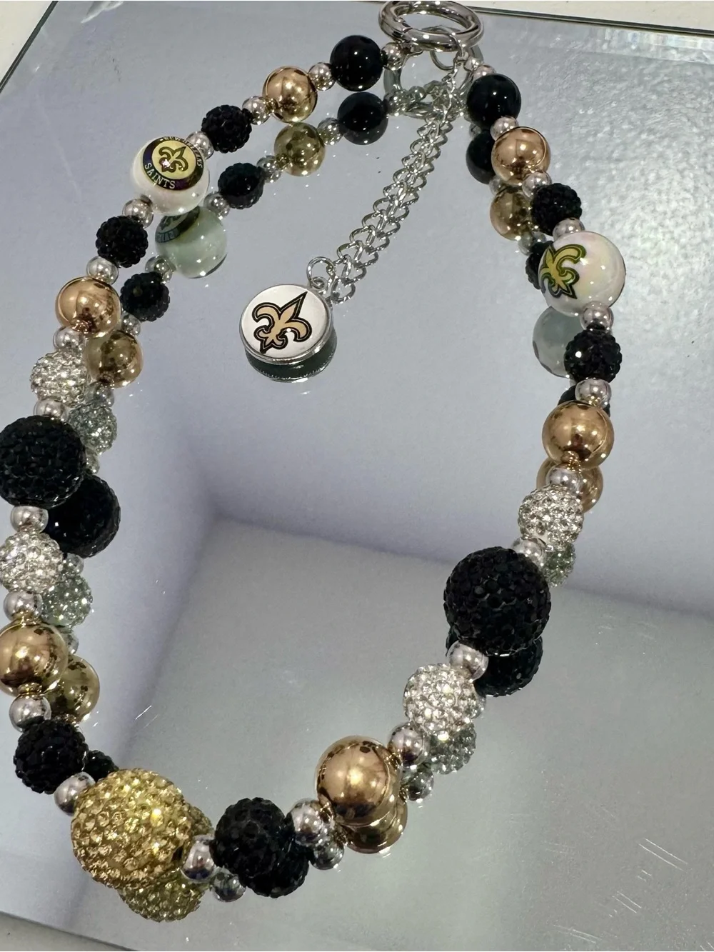 New Orleans Fleur-de-Lis Beaded Phone Charm - Black & Gold